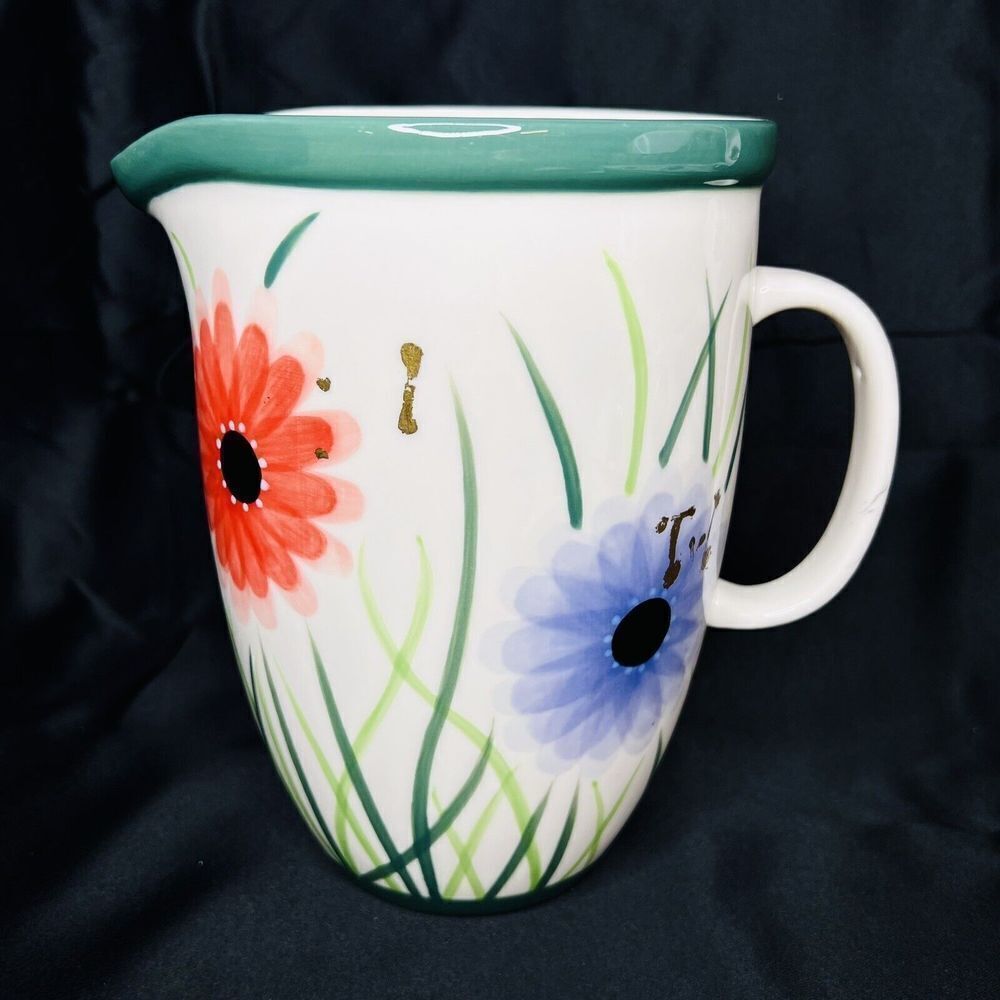 Starbucks 2003 Barista Hand Painted Floral Beverage Pitcher Green Purple Orange